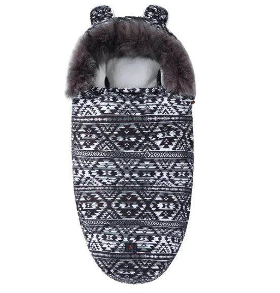 Baby Sleeping Bag with Fur Collar - Black And White Grid - Infants planet