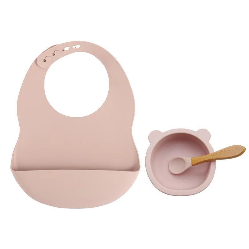 Colorful Silicone Feeding Set for Babies: Bib, Plate, Bowl, and Spoon - Dusty pink bear - Infants planet