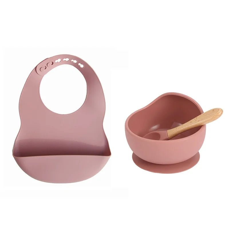 Colorful Silicone Feeding Set for Babies: Bib, Plate, Bowl, and Spoon - Powder rose - Infants planet