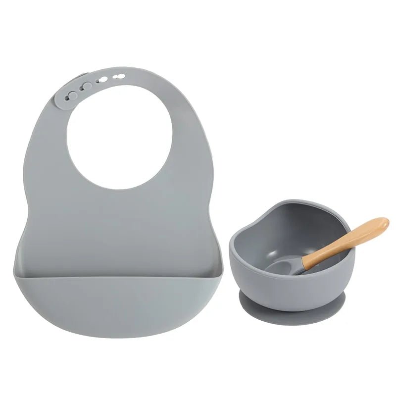 Colorful Silicone Feeding Set for Babies: Bib, Plate, Bowl, and Spoon - Deep gray - Infants planet