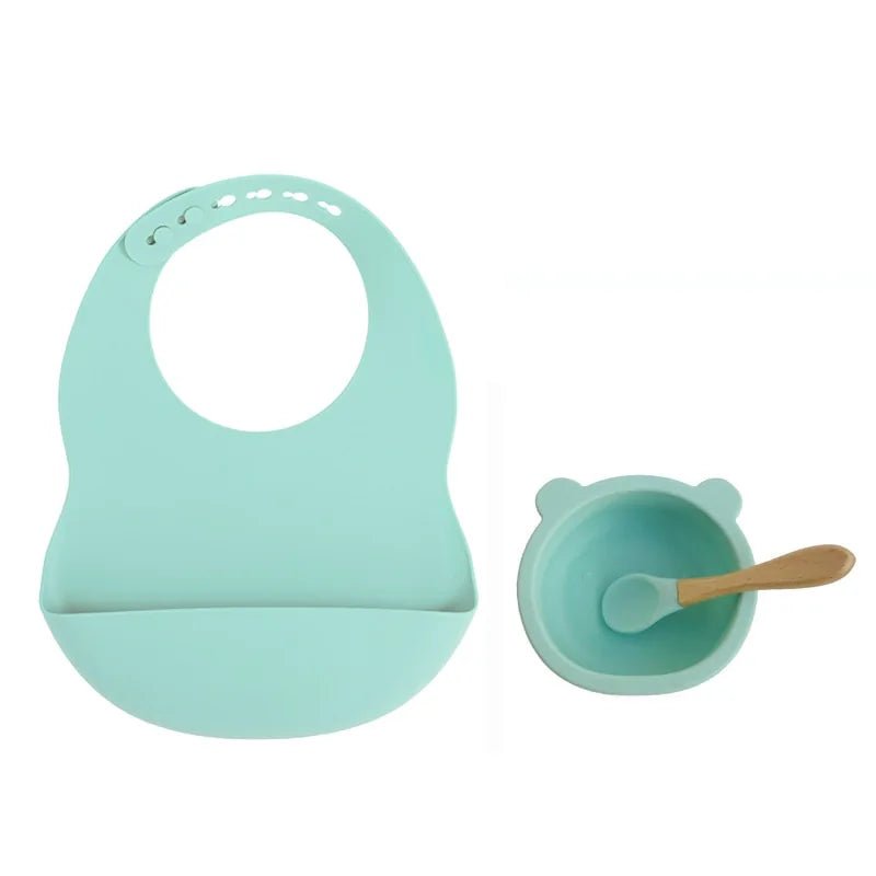Colorful Silicone Feeding Set for Babies: Bib, Plate, Bowl, and Spoon - Mint bear - Infants planet