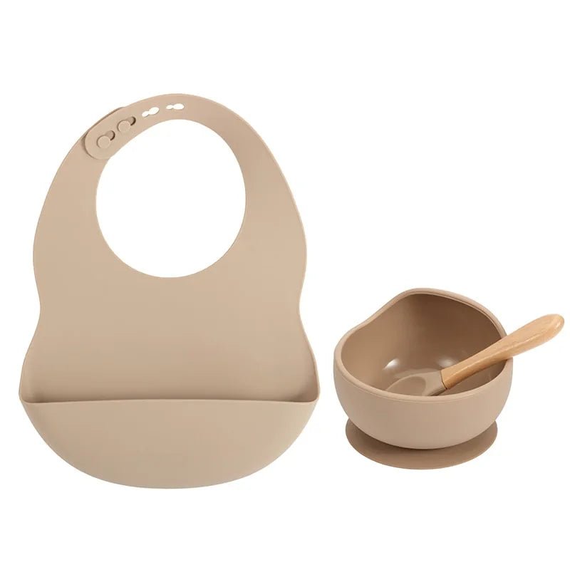 Colorful Silicone Feeding Set for Babies: Bib, Plate, Bowl, and Spoon - Taupe - Infants planet