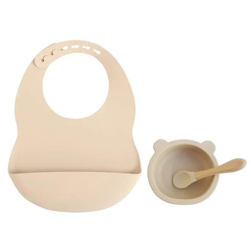 Colorful Silicone Feeding Set for Babies: Bib, Plate, Bowl, and Spoon - Beige bear - Infants planet