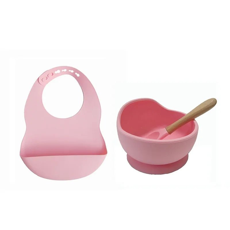 Colorful Silicone Feeding Set for Babies: Bib, Plate, Bowl, and Spoon - Pink - Infants planet