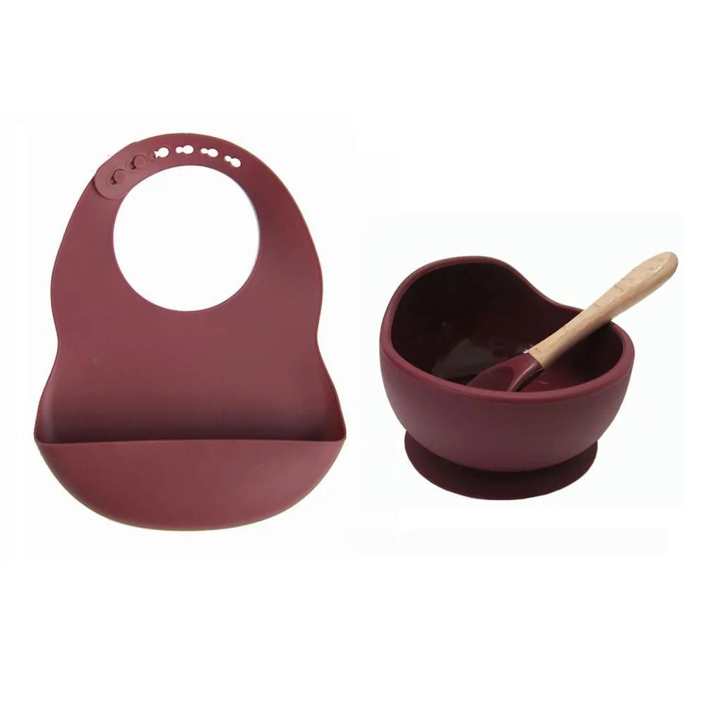 Colorful Silicone Feeding Set for Babies: Bib, Plate, Bowl, and Spoon - Wine red - Infants planet
