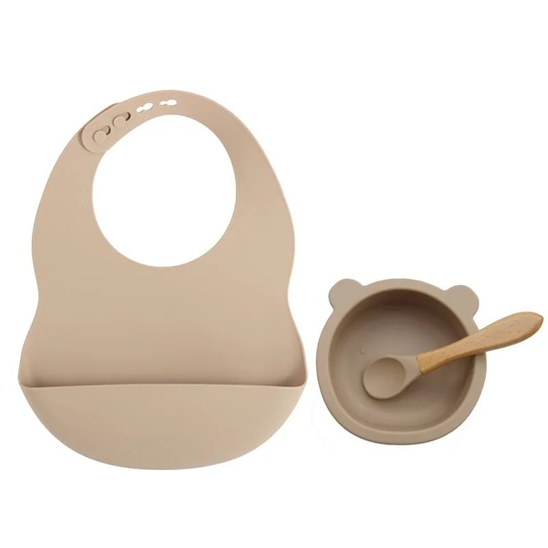 Colorful Silicone Feeding Set for Babies: Bib, Plate, Bowl, and Spoon - Taupe bear - Infants planet