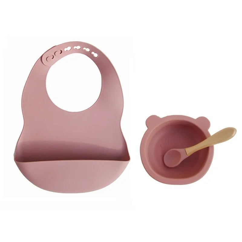 Colorful Silicone Feeding Set for Babies: Bib, Plate, Bowl, and Spoon - Powder rose bear - Infants planet