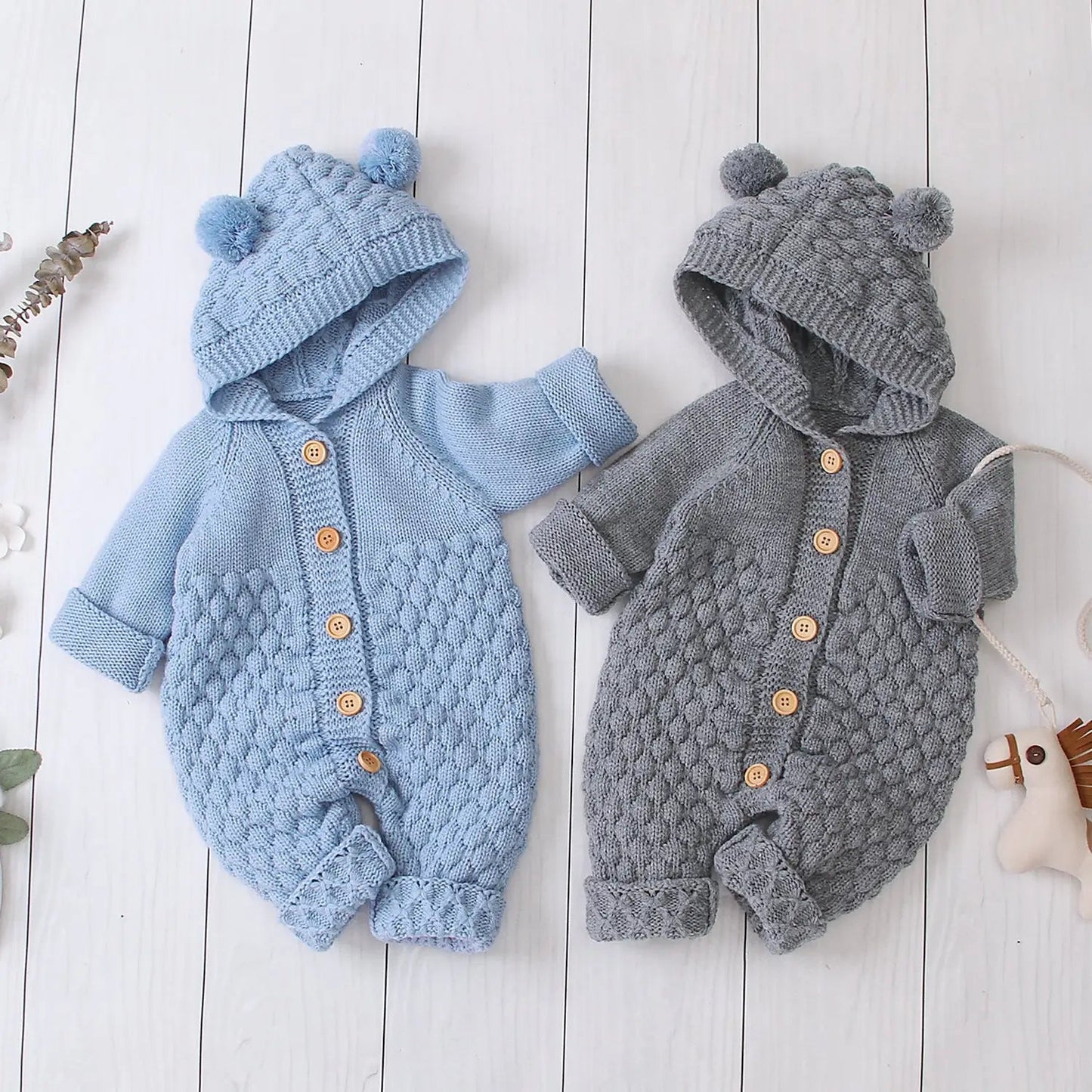 Ear Knit Romper With Hoodie - Dark Gray - Infants planet