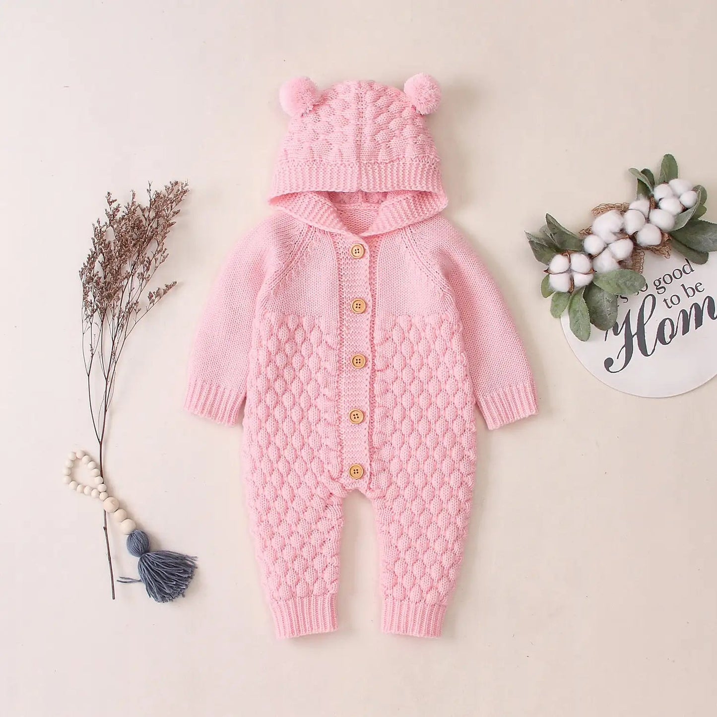 Ear Knit Romper With Hoodie - Pink - Infants planet