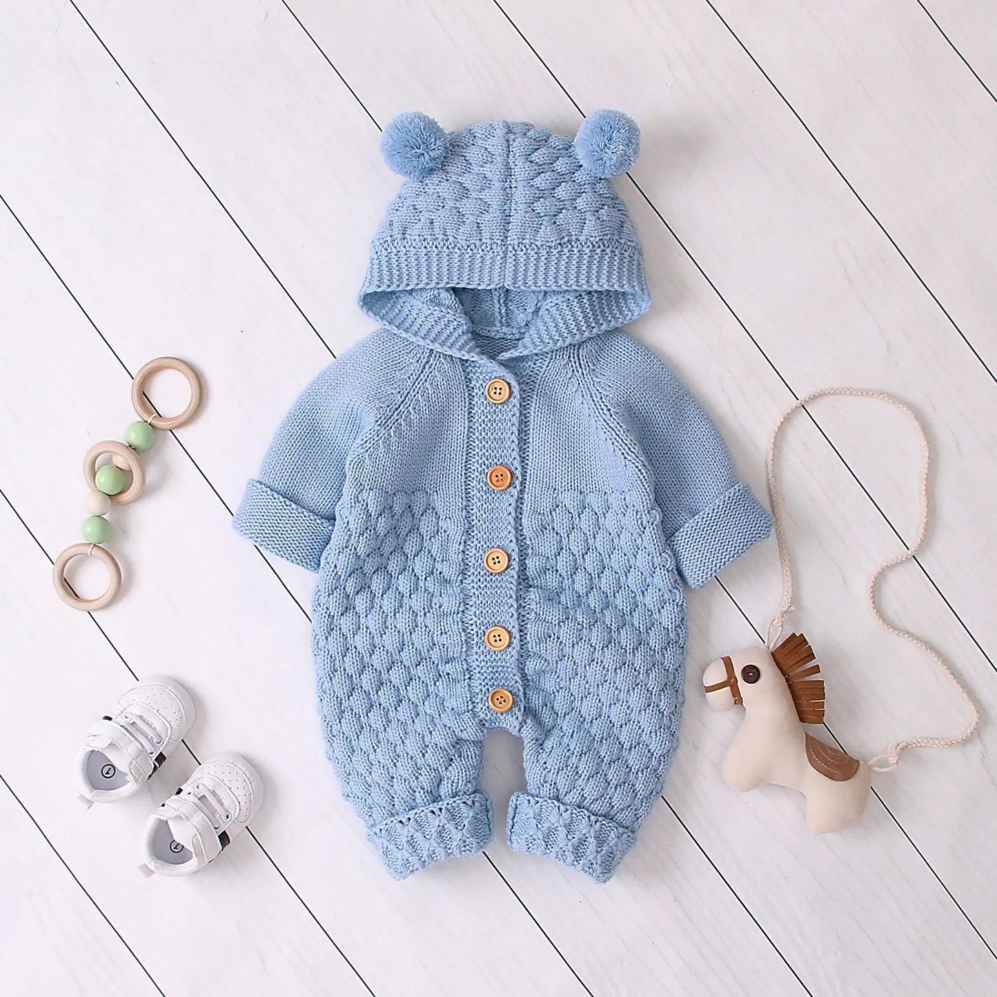 Ear Knit Romper With Hoodie - Blue - Infants planet