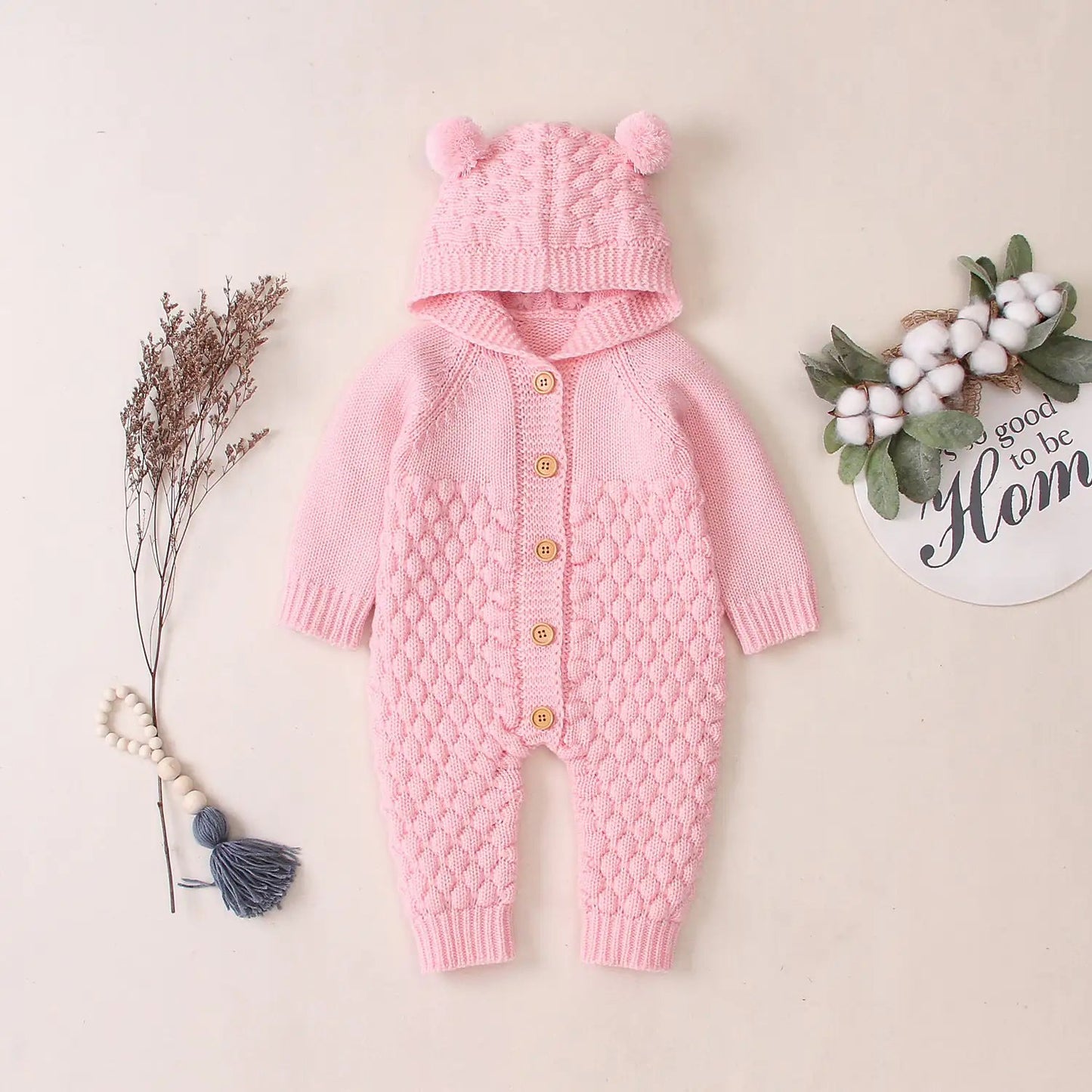 Ear Knit Romper With Hoodie - Dark Gray - Infants planet