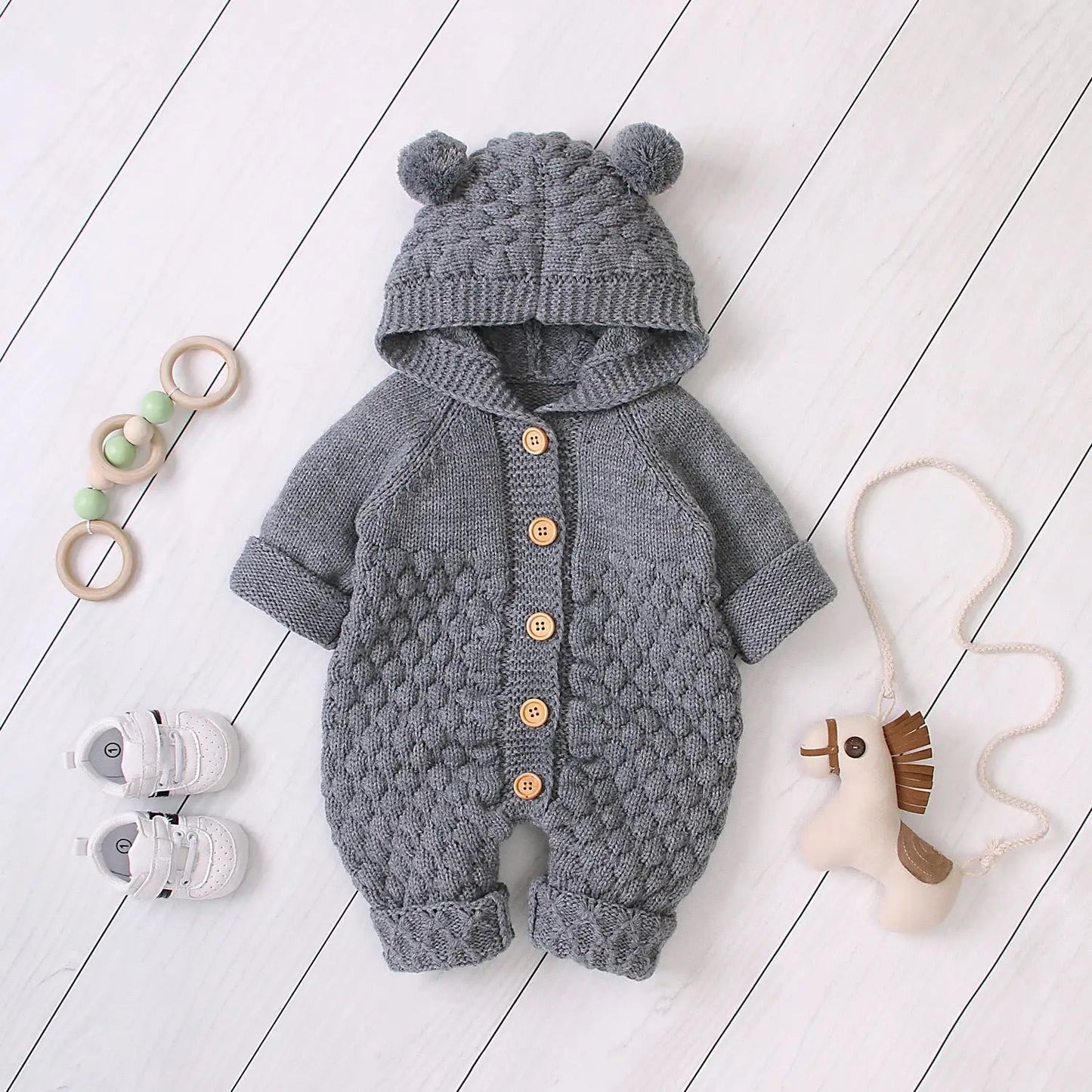 Ear Knit Romper With Hoodie - Dark Gray - Infants planet