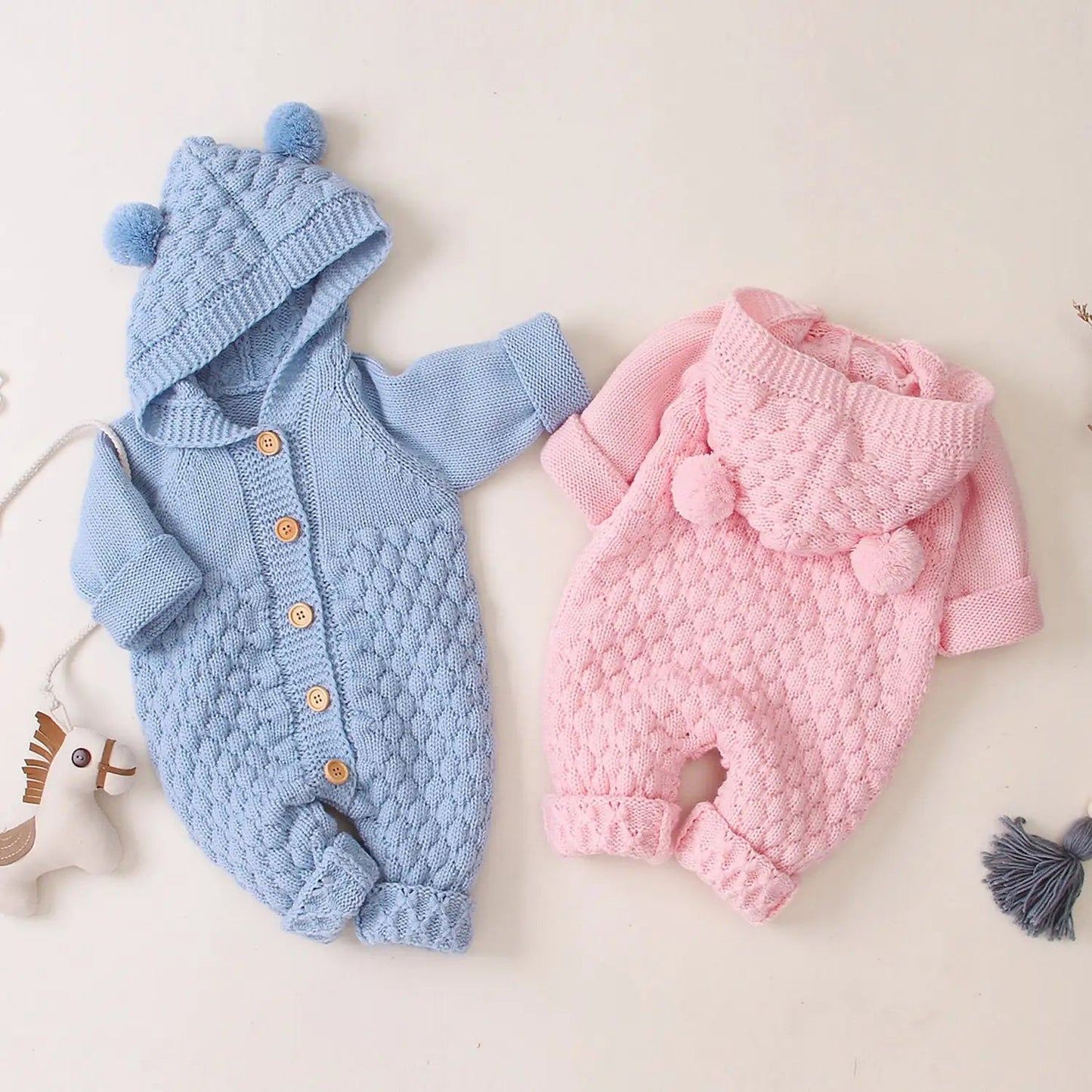 Ear Knit Romper With Hoodie - Dark Gray - Infants planet