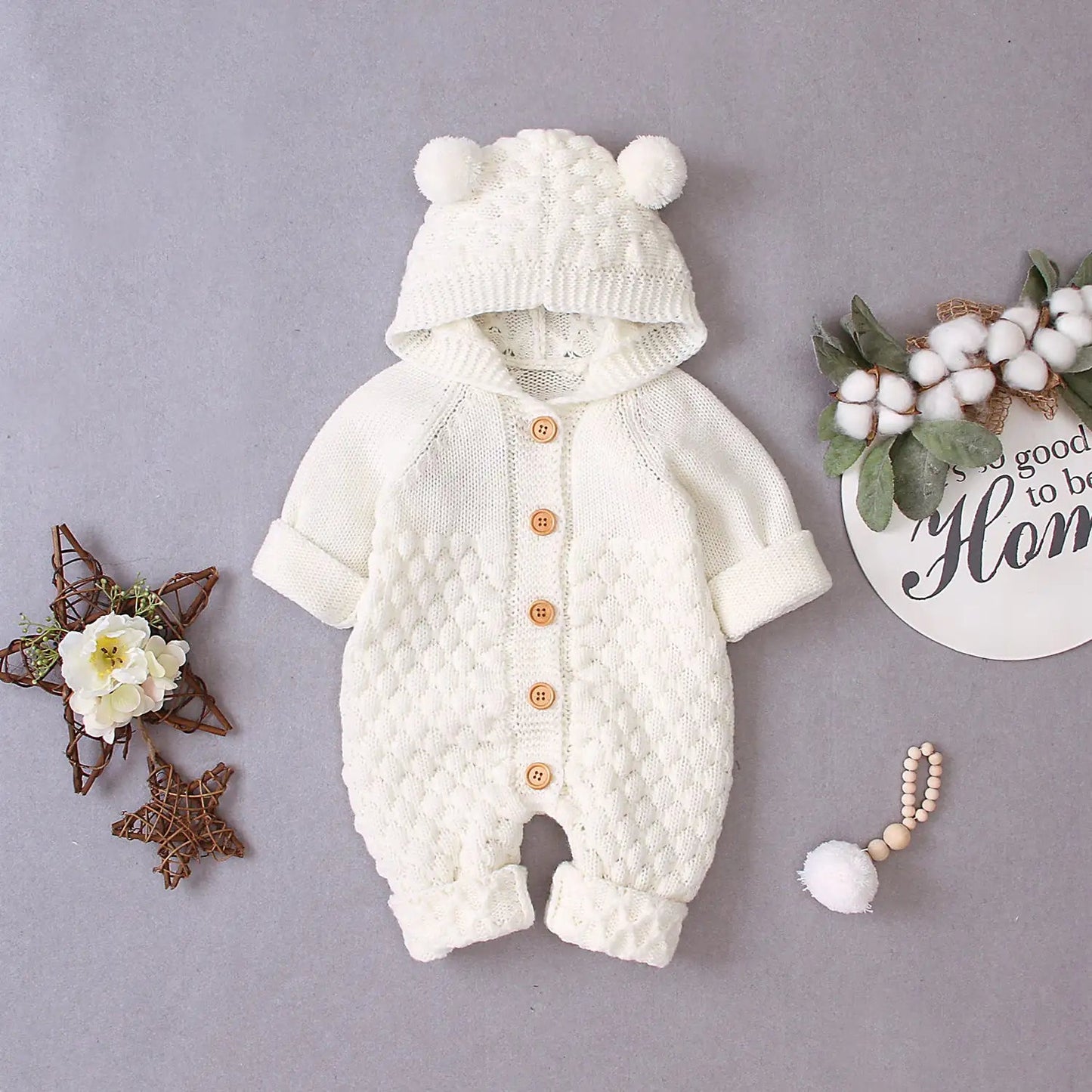 Ear Knit Romper With Hoodie - Dark Gray - Infants planet