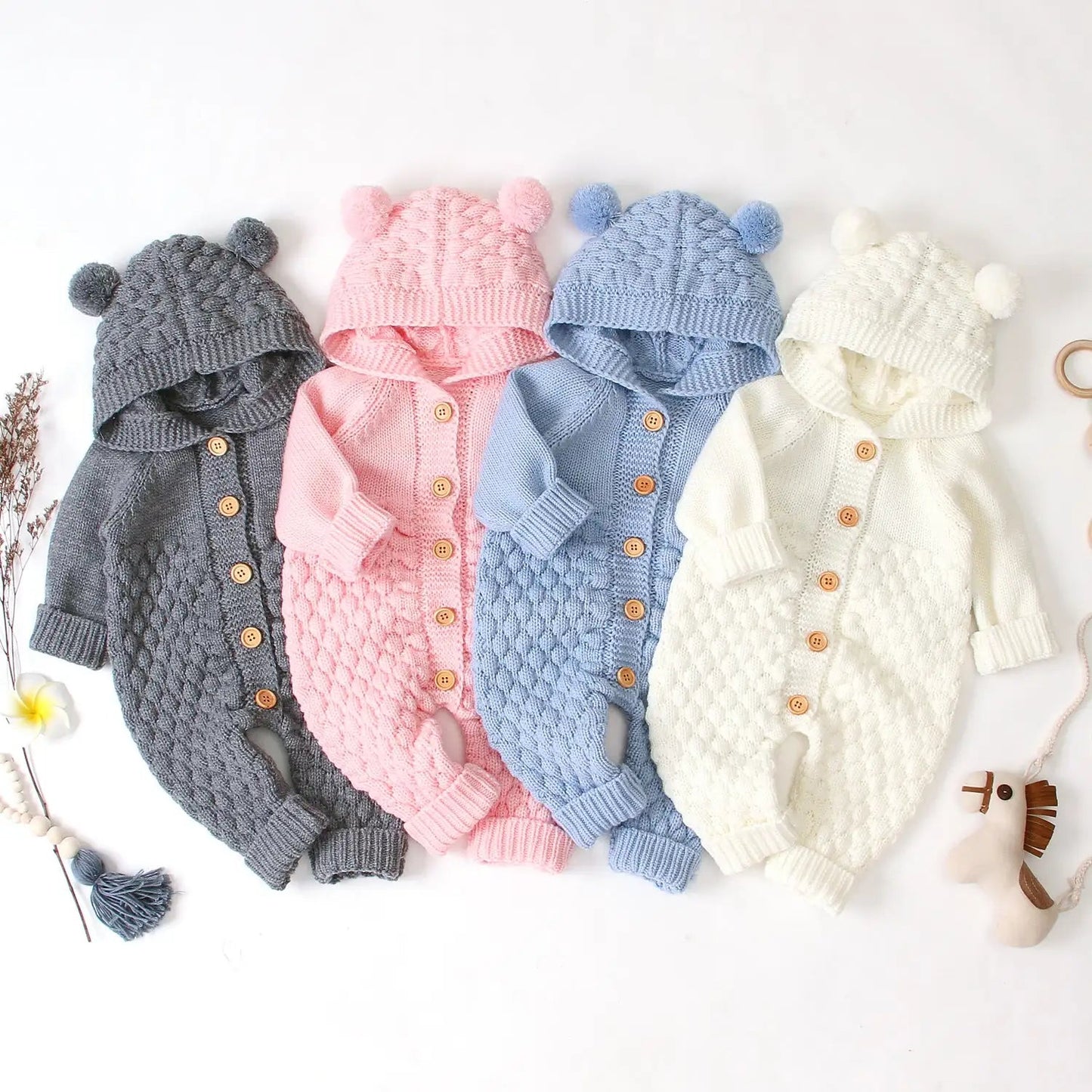 Ear Knit Romper With Hoodie - Dark Gray - Infants planet
