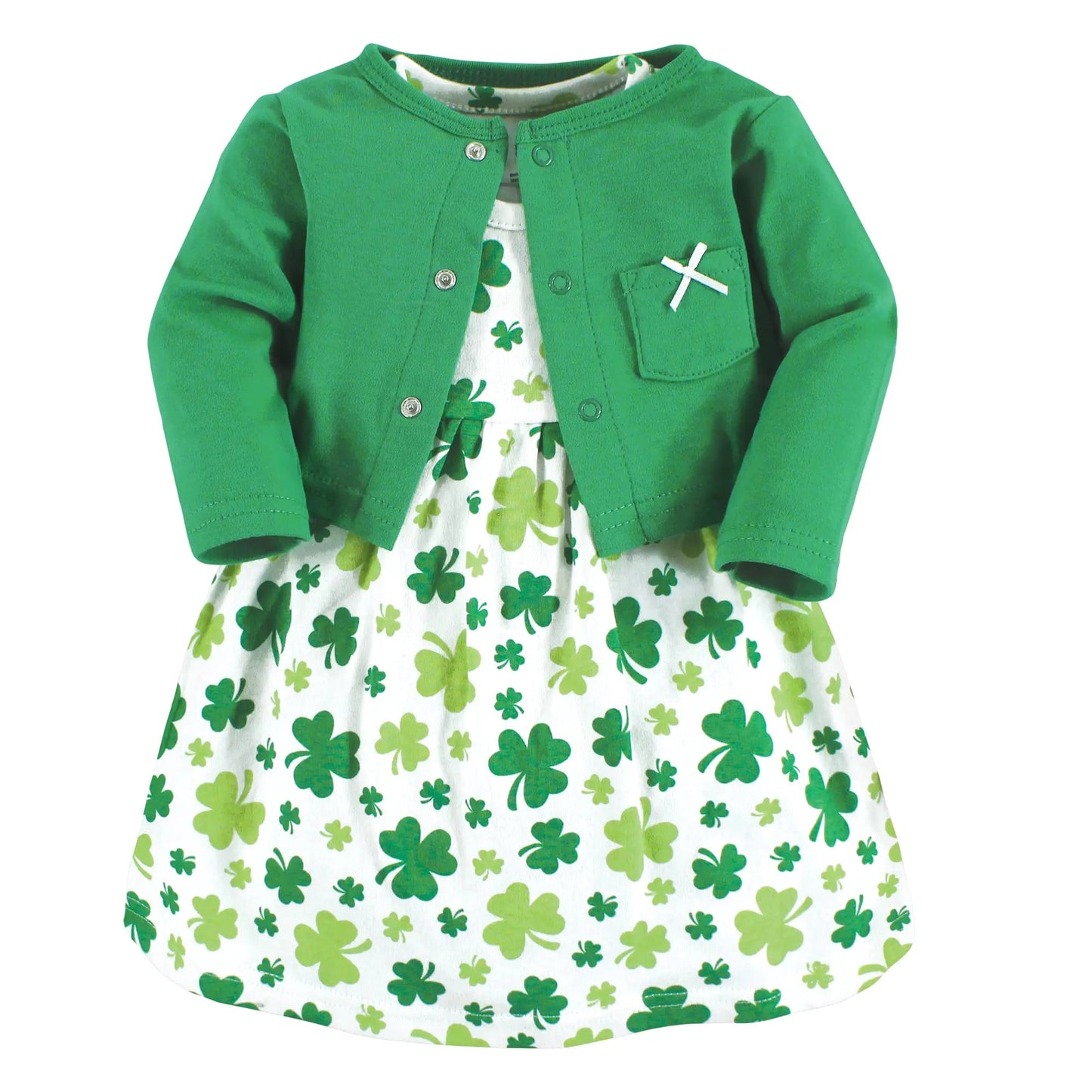 Hudson Baby Baby Girls' Cotton Dress and Cardigan Set 5T Shamrocks - Shamrocks - Infants planet