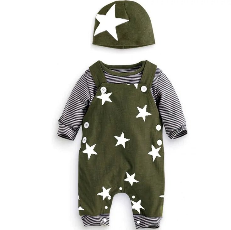 Newborn Baby Boy Clothes Long Sleeve Tops + Suspender Pants + Hat - green - Infants planet