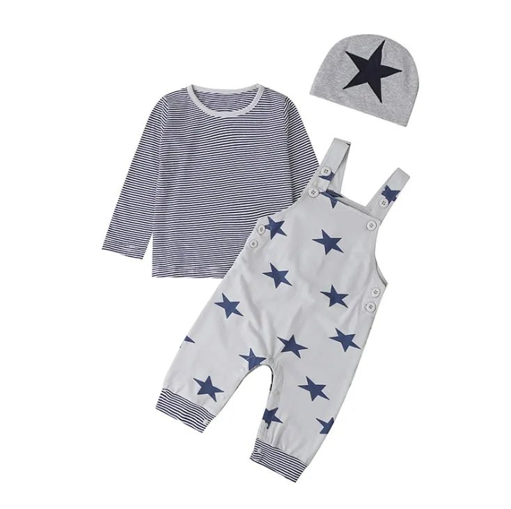 Newborn Baby Boy Clothes Long Sleeve Tops + Suspender Pants + Hat - Gray - Infants planet