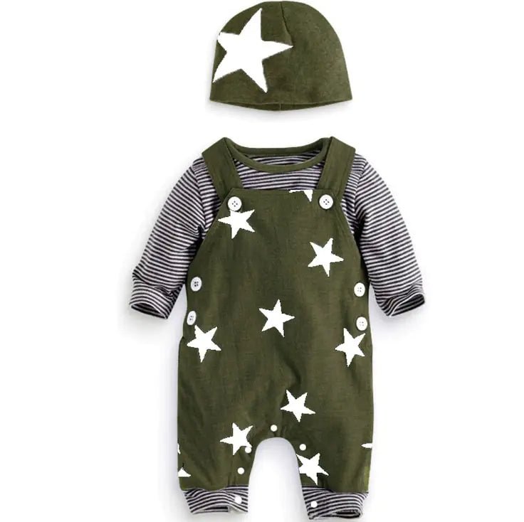 Newborn Baby Boy Clothes Long Sleeve Tops + Suspender Pants + Hat - green - Infants planet
