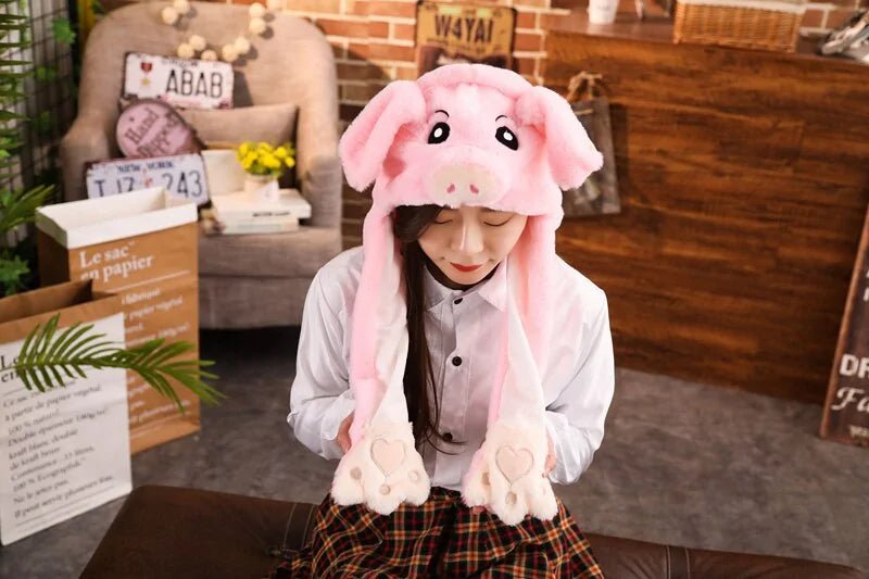 Rabbit Ear Airbag Hat: Fun Plush Toy Cap for Kids and Adults - pink pig - Infants planet