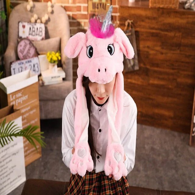 Rabbit Ear Airbag Hat: Fun Plush Toy Cap for Kids and Adults - pink rhinoceros - Infants planet