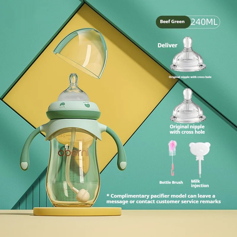 Triple - Action Anti - Colic Wide Caliber Feeding Bottle - 240ml Cow Fruit Green Cross - Infants planet