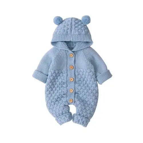 Baby Romper Bear Ear Knit Hooded Jumpsuit - Infants planet