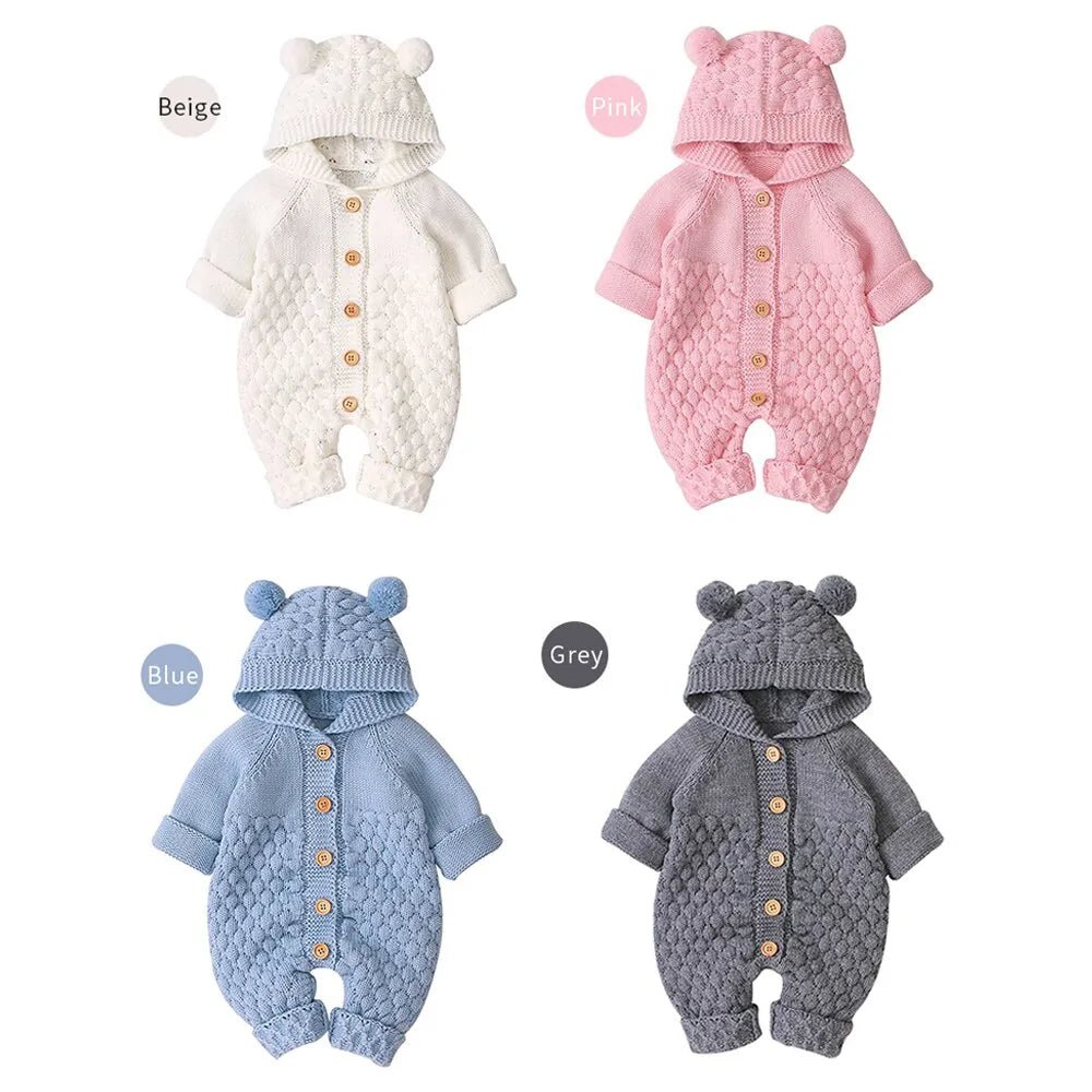 Baby Romper Bear Ear Knit Hooded Jumpsuit - Infants planet