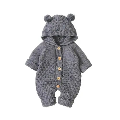 Baby Romper Bear Ear Knit Hooded Jumpsuit - Infants planet