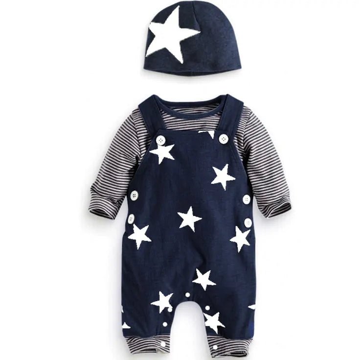 Newborn Baby Boy Clothes Long Sleeve Tops + Suspender Pants + Hat - Infants planet