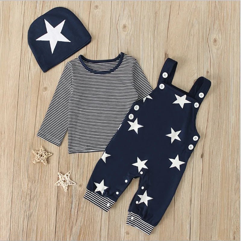 Newborn Baby Boy Clothes Long Sleeve Tops + Suspender Pants + Hat - Infants planet