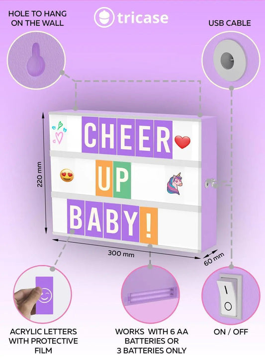 Purple Cinema Light Box with 312 Letters Emojis 3 Markers Led Light Box Sign - Infants planet