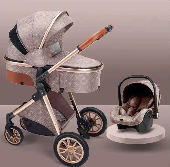 Stylish High View Stroller Lightweight Folding - Gold tube khaki - Infants planet